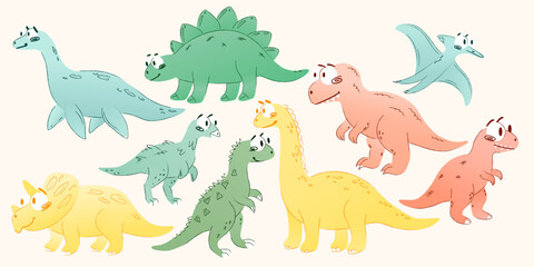 A collection of colorful cartoon dinosaurs in various shapes and sizes. Includes a stegosaurus, brontosaurus, and pterodactyl. Suitable for children's illustrations. © AlenchikRogach