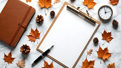 Autumn Workspace with Blank Paper, Pen, and Pine Cones