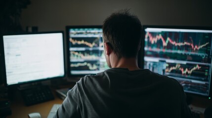 Behindtheshoulder view of male forex trader analyzing multiple currency charts on glowing monitors in dark home office