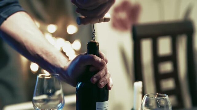 Using corkscrew to open bottle of red wine