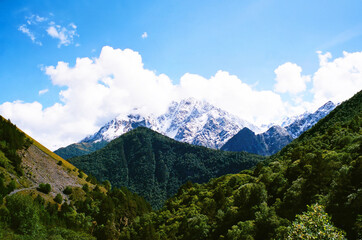 Obraz premium Panoramic view of mountain horizon with glaciers and slopes with trees, mountain natural landscape in clear weather with blue clear sky. Nature of North Ossetia. Film grain effect shot
