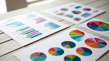 Closeup of colorful business infographics including pie charts and bar graphs on white table surface illustrating data analysis and financial insights