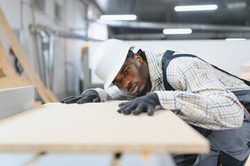 Carpenter checking wooden plank in furniture factory