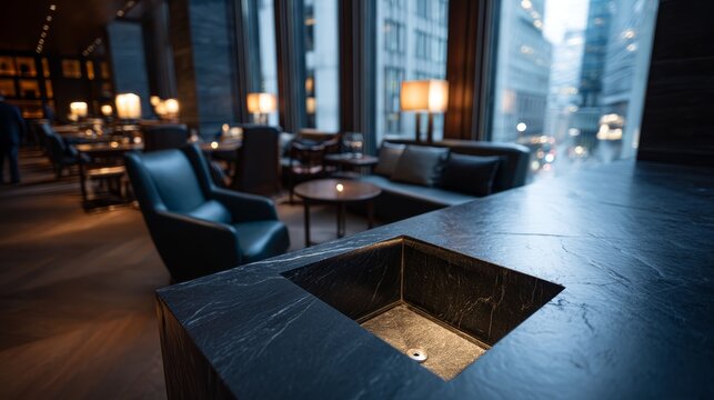Closeup of sleek black granite countertop with builtin sink in cozy modern dining nook featuring sunset view and city skyline background