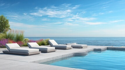 Fototapeta premium Luxurious seaside pool deck with loungers