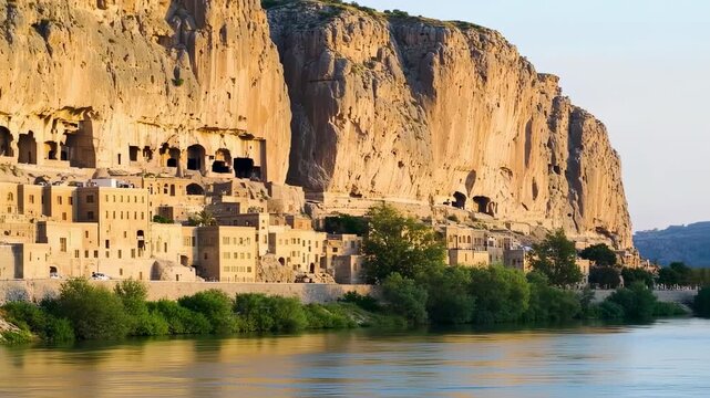 Hasankeyf landscape with caves and ancient buildings and Euphrates River, Turkey