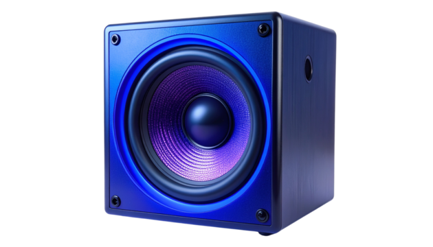 Vibrating audio speaker emitting blue-purple illumination, generating hypnotic light pattern isolated on solid white background 