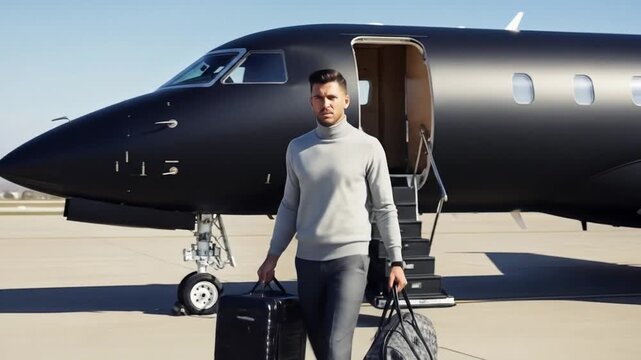 A stylish man exits a private jet symbolizing luxury travel and a successful lifestyle