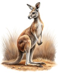 Fototapeta premium A kangaroo is standing in the desert with dry grass and a white background in a