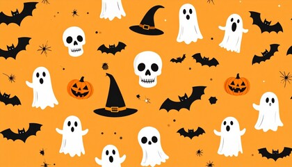 Funny cartoon Halloween animal seamless pattern background with cute cat, dog, cow, panda, bird, and ghost illustrations