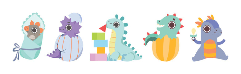 Cute Dinosaur Baby and Cub with Pretty Snout Vector Set