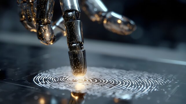 A robotic hand gently touches a glowing fingerprint, illustrating the intersection of technology and identity.