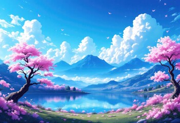 Fototapeta premium A serene landscape featuring a tranquil lake reflecting majestic blue mountains under a vibrant blue sky dotted with fluffy white clouds; pink cherry blossoms frame the scene