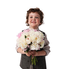 Cute little boy with bouquet of beautiful peonies on white background
