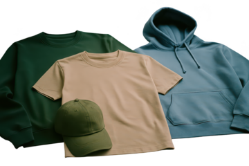 Assorted plain garments laid out against a dark background.