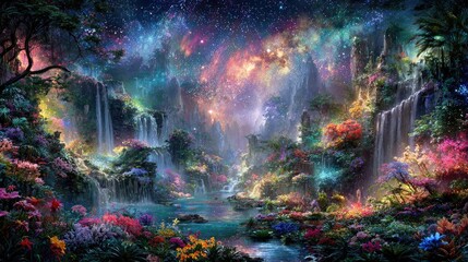 Magical Fantasy Forest Waterfall Landscape