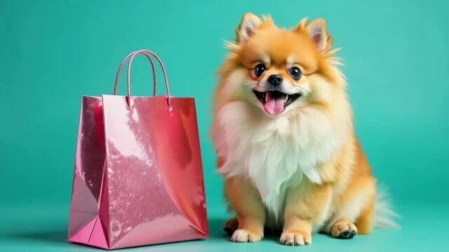 pomeranian spitz with pink gift bag