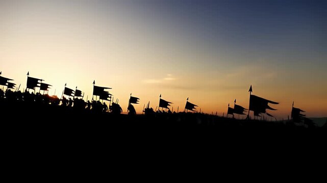 Silhouetted medieval army with flags marching on a hill during a dramatic sunset preparing for an ancient battle