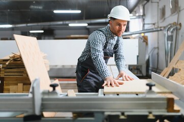 Carpenter working with wood panel on modern machine in furniture factory
