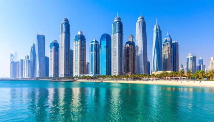 Fototapeta premium Panoramic view of modern skyscrapers on a waterfront