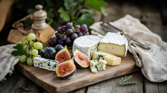 Rustic cheese board with brie, blue cheese, figs, grapes and antique silver cutlery on farmhouse table