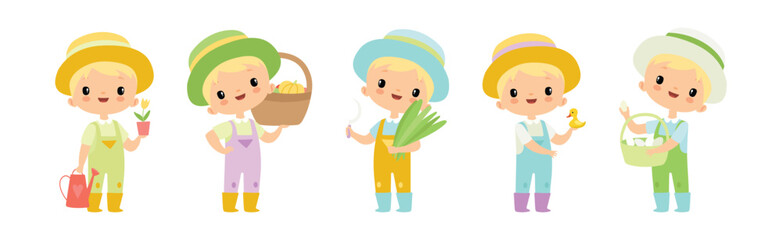 Adorable Little Boy Farmer Work in Garden Vector Set