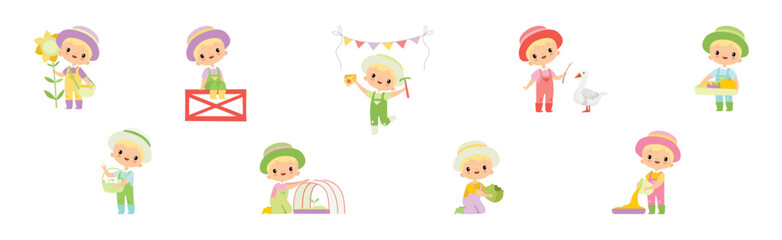 Adorable Little Boy Farmer Work in Garden Vector Set