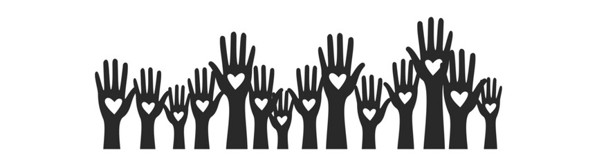 Obraz premium Volunteer hand raised, group charity relief work, election voting icon, human silhouette arm, palm illustration, indigenous culture, inspiration, vector, transparent background