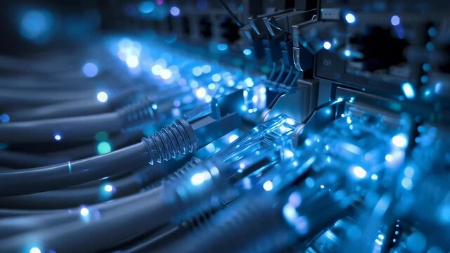 A network switch with glowing blue data cables in an internet server room