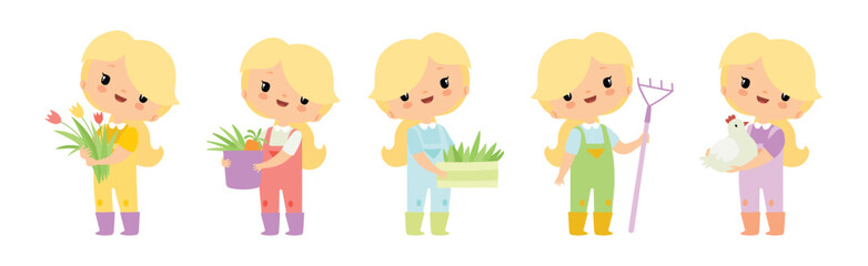Adorable Little Girl Farmer Work in Garden Vector Set