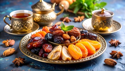Assorted dried fruits and nuts on a decorative plate, with teacups and a teapot