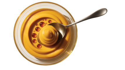 Overhead shot of mustard in a bowl with a spoon isolated on transparent background