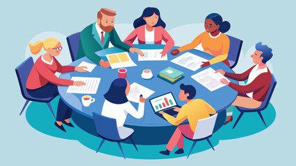 Illustration of a diverse team collaborating around a round table with documents and a laptop display