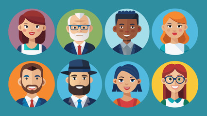 Diverse group of cartoon people avatars in circles with various hairstyles and clothing styles displayed