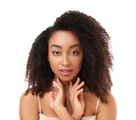 Portrait of beautiful Brazilian woman on white background