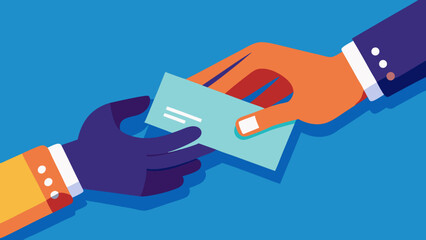 Illustration of two hands exchanging a light blue business card against a blue background art style