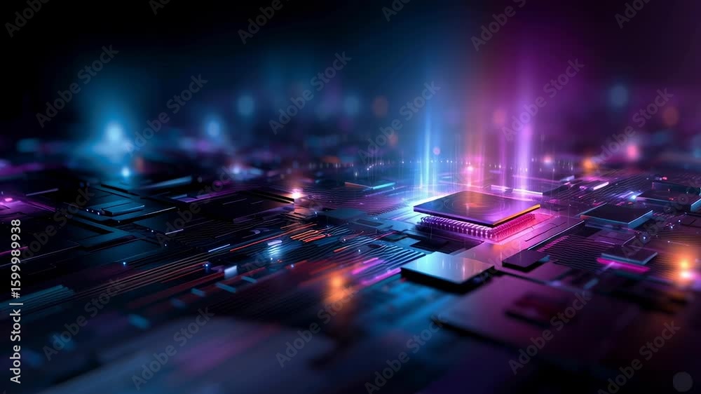 Poster a futuristic abstract technology background with neon lights and glowing circuit lines