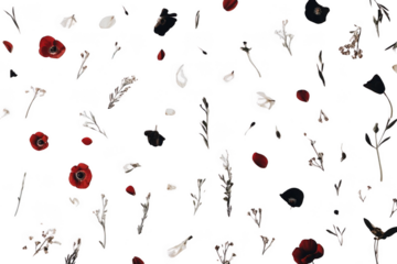 Scattered florals and foliage create dark, elegant design with botanical theme.