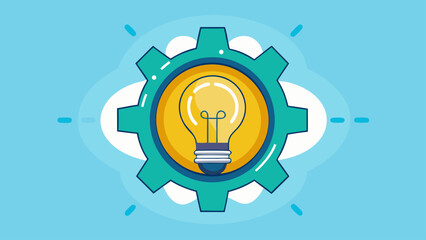 Illustration of a light bulb inside a gear on a blue background with cloud like shapes around it