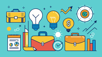 Illustration of business elements including briefcases lightbulbs and financial growth indicators