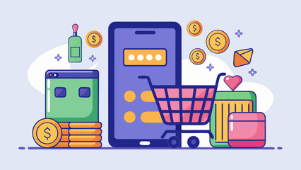 Illustration of online shopping with mobile phone, cart, coins, and various product icons displayed