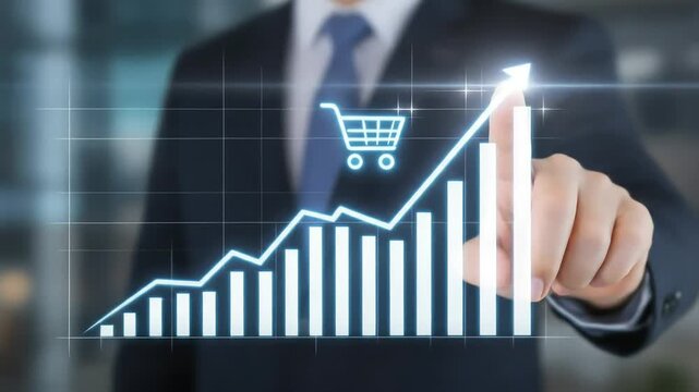 Shopping growth graph shows profits going up, man's hand touches line