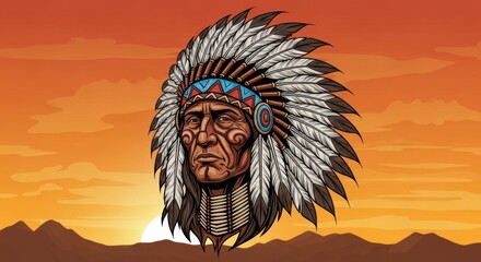 Graphic illustration of a proud Native American warrior chief in profile, wearing an elaborate feather headdress, set against an orange sunset sky.