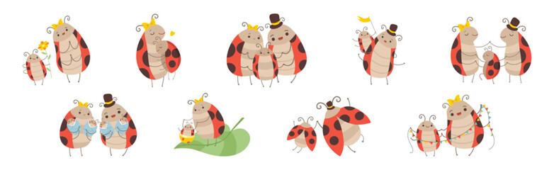 Cute Happy Ladybug Family with Cheerful Mother, Father and Their Baby Vector Set