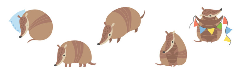 Adorable Armadillos Pleistocene Animal Character in Various Poses Vector Set