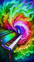 Surreal digital oil painting of a piano morphing into a cosmic wave, symbolizing the transformation of music into nature, with flowing textures and dreamlike surrealism.