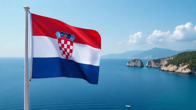 Croatian flag waving near the shore, perfect for national pride or patriotic themes - Powered by Adobe