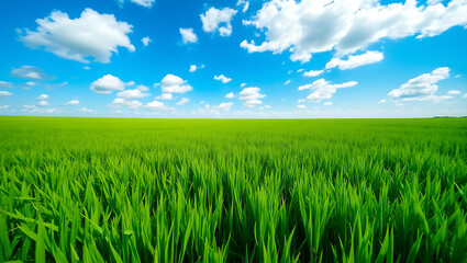 Obraz premium Vast green field under a bright blue sky with fluffy clouds