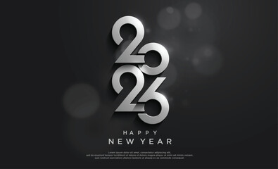 Fototapeta premium Silver 2026 happy new year text on a dark gray background.