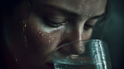 The feeling of relief from dehydration.	A close-up of a person drinking a large glass of cold water with a look of immense relief on their face on a hot day.
